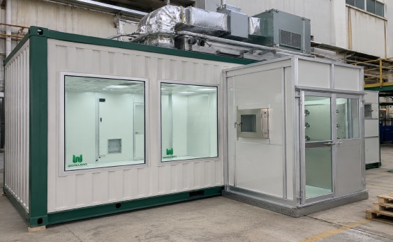 Container laboratory installation with cleanroom HVAC clean room airlock clean room sandwich panel and modular cleanroom ceiling grid integration