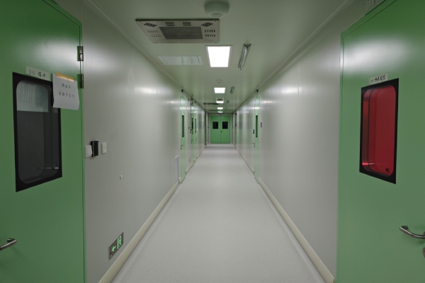 Real ISO 8 medical cleanroom corridor with wall panels cleanroom doors and controlled room access