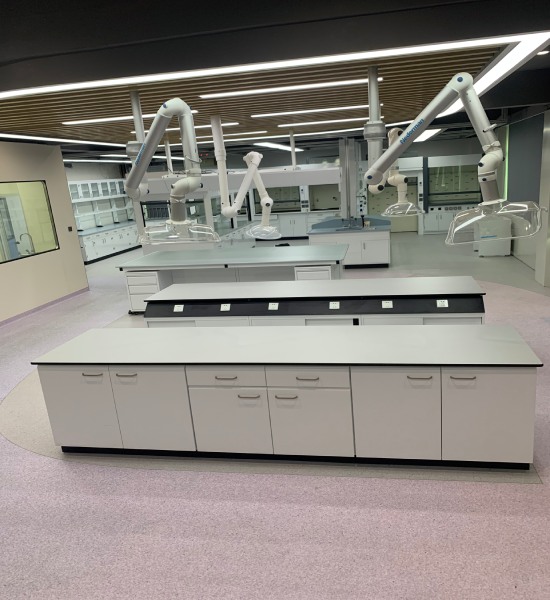 Real laboratory wet area with cleanable work surfaces cabinets and wall interfaces